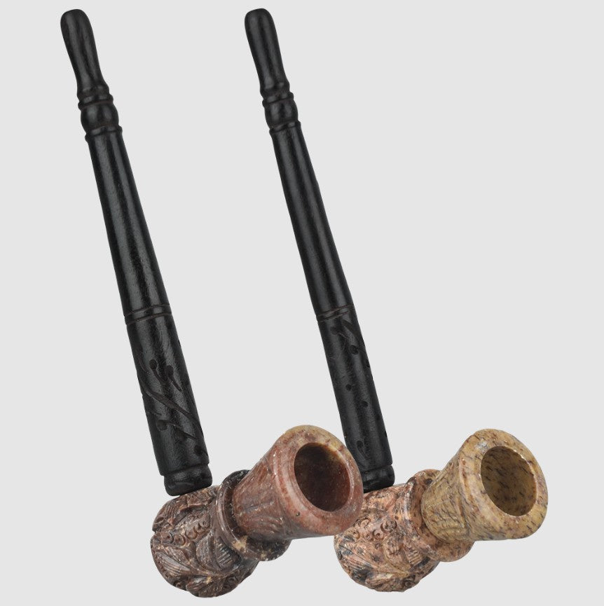 Double Decker Carved Stone & Wood Smoking Pipe | 7.5"